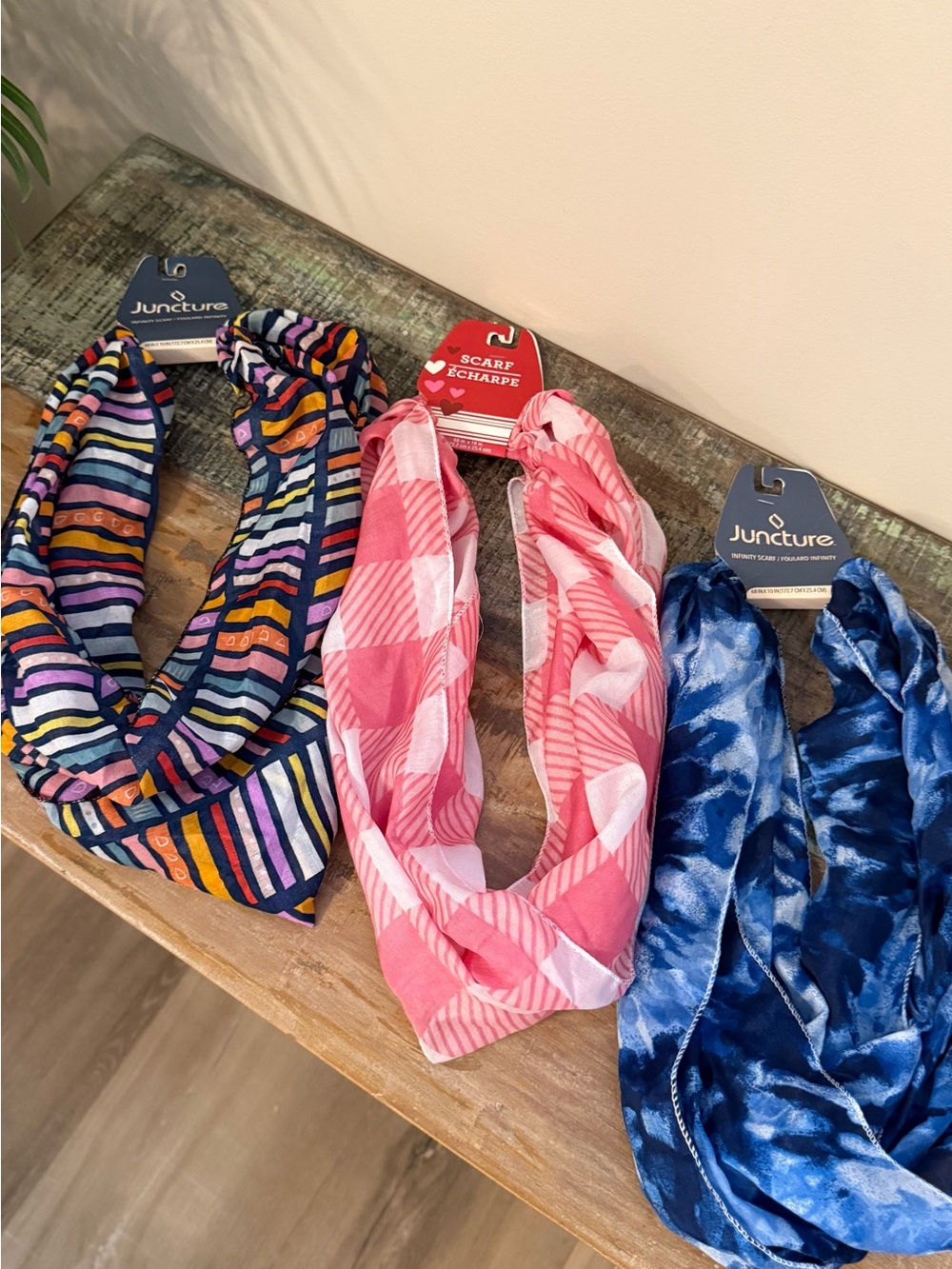 New set of Juncture Infinity Scarves Trio - Pink, Navy Stripe, Blue Tie-Dye
